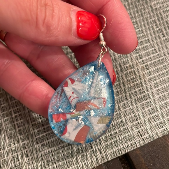 XMAS Festive Handmade Medium Holiday Earrings Blue Teardrop - Picture 6 of 9